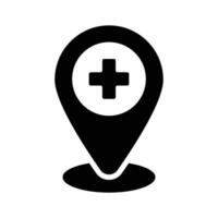 Medical sign inside map pin denoting concept icon of hospital location vector