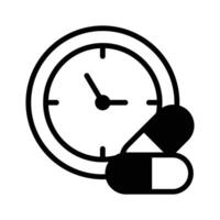 Icon representing scheduled medication time, featuring a pill and a clock vector