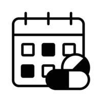 Icon representing scheduled medication time, featuring a pill and a calendar vector
