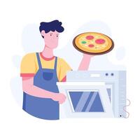 Chef putting pizza inside baking oven, flat illustration vector