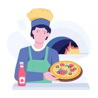 A flat style illustration of pizza baking in an oven vector