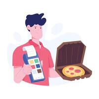 Pizza payment with pos machine, flat illustration vector