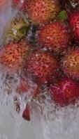 Selective soft focus rambutan in stainless bowl washed with water overflowing from faucet in sink not saving water to increase consumption. Water flows in motion. Saving water, energy concept. video