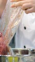 Fresh beef meat for cooking, cut with knife. Step by step process of cooking steak. Fresh juicy meat. Cut to measure temperature of product video
