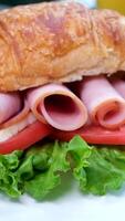 Zoom-in close up view of breakfast meal. croissant sandwich with bacon and scrambled eggs. Original tasty meal with meat served at Bali cafeteria in morning time video