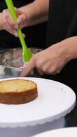 Ganache with Camembert cheese and pears Woman holding raspberry bento cake stuffed with whipped cream. Confectionery, baking and cooking concept woman making cake. process of creating video