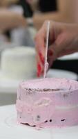 Ganache with Camembert cheese and pears Woman holding raspberry bento cake stuffed with whipped cream. Confectionery, baking and cooking concept woman making cake. process of creating video
