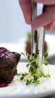 Garnish grilled meat with microgreens piece of fried meat garnished with Cherry and microgreen rotating on a white plate. Tasty grilled steak close-up. Demonstration of the finished dish. video