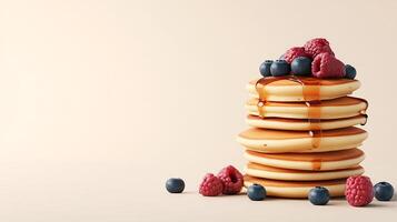 Fluffy Pancakes with Berries and Syrup on Light Background - 3D Illustration with Copy Space for Text photo
