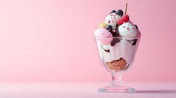 Delicious 3D Ice Cream Sundae with Colorful Toppings on Pastel Background with Copy Space photo