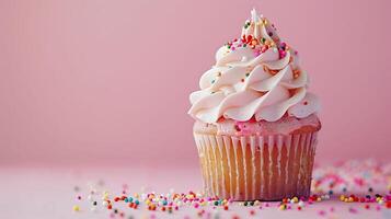 Sweet Delight - Crisp Image of a Beautifully Adorned Cupcake with Sprinkles Cascading, Pastel Setting photo