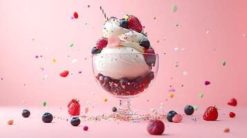 Scrumptious 3D Ice Cream Sundae with Colorful Toppings on Pastel Background for Copy Space. photo