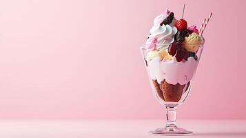 Sweet Delight - Colorful 3D Ice Cream Sundae with Toppings on Pastel Background with Copy Space photo