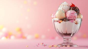 Delicious 3D Ice Cream Sundae with Toppings on Pastel Background, Copy Space for Text - Sweet Treat Concept photo