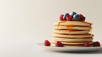 Delicious Stack of Pancakes with Syrup and Berries on Light Background for Text Space - 3D Illustration photo