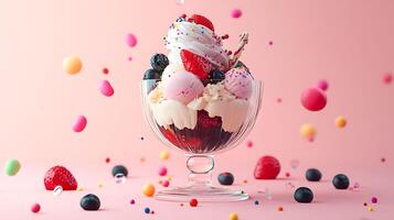 Sweet Delight - Colorful 3D Ice Cream Sundae with Toppings on Pastel Background with Copy Space photo