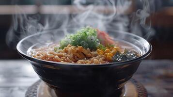 Culinary Delight High-Resolution Steaming Bowl of Ramen with Perfectly Placed Toppings photo