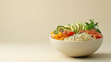 Fresh and Nutritious Quinoa Bowl with Vegetables and Avocado on Neutral Background for Copy Space - 3D Render photo