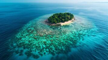 Aerial View of Pristine Tropical Island with Coral Reef, Crystal Clear Waters Exotic Paradise Drone Photography photo