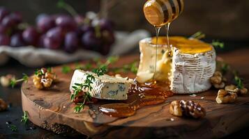 Exquisite Artisanal Cheese Board with Honey Drizzle and Grape Cluster Designed photo