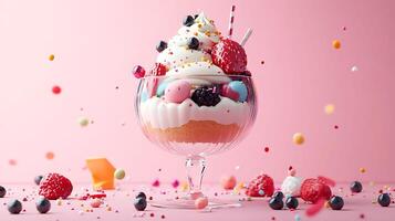 Delightful 3D Ice Cream Sundae with Colorful Toppings on Pastel Background Design for Copy Space photo