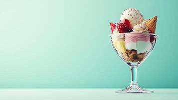 Sweet Delight - Vibrant 3D Ice Cream Sundae Creation with Colorful Toppings on Pastel Background with Ample Copy Space for Text or Design Element photo