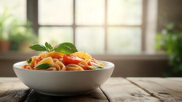 Delicious Bowl of Pasta with Tomato Sauce and Basil on Rustic Table, Copy Space Available for Text - 3D Rendering photo