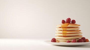 Delicious Stack of Pancakes with Syrup and Berries on Light Background for Text Space - 3D Illustration photo