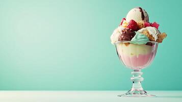 Sweet and Colorful 3D Ice Cream Sundae Delight on Pastel Background with Copy Space. photo