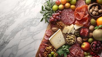 Gourmet Charcuterie Board with Assorted Cheeses, Meats, Fruits, and Nuts on Display with Copy Space for Text in 3D Render photo