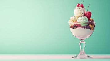 Delicious 3D Ice Cream Sundae with Toppings on Pastel Background - Copy Space for Text or Design Element photo
