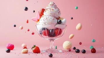 Sweet Delight - Colorful 3D Ice Cream Sundae with Toppings on Pastel Background with Copy Space photo