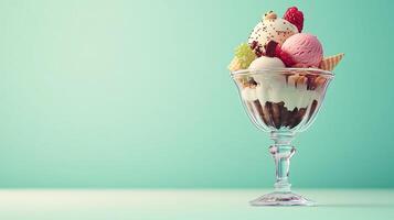 Delectable 3D Ice Cream Sundae with Assorted Toppings on Pastel Background - Sweet Treat Concept with Copy Space photo