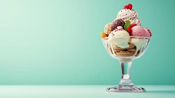 Delicious 3D Ice Cream Sundae with Toppings on Pastel Background for Copy Space. photo