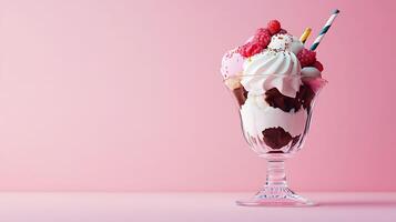 Sweet Delights - Colorful 3D Ice Cream Sundae with Toppings on Pastel Background for Copy Space photo