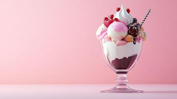 Delightful 3D Ice Cream Sundae with Toppings on Pastel Background Perfect for Copy Space photo