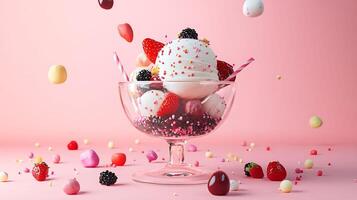 Delicious 3D Ice Cream Sundae with Colorful Toppings on Pastel Background for Copy Space photo