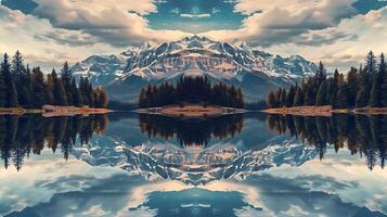 Tranquil Lake Reflection with Mountain Backdrop captured in Sharp Symmetry photo