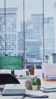 Vertical Professional high end office space with tech tools used for recruitment process, supporting global business by hiring new personnel. Job interviews for career development. video