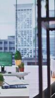 Vertical Empty modern office workspace designed for job interviews to achieve business success, professionals using advanced technology for resumes selection during recruitment process. video