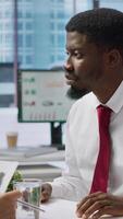 Vertical Businessman attending job interview with the HR employees in office, discussing about career plans and the opportunity of human resources development. Recruitment process in enterprise. Camera A. video