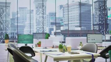 Empty corporate high end office prepared for job interviews and recruitment process, a computer displaying data and infographics. Business career development recruiting. video