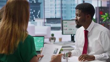 Businessman attending job interview with the HR employees in office, discussing about career plans and the opportunity of human resources development. Recruitment process in enterprise. Camera A. video