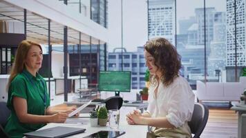 intervjuare granskning de CV av en kandidat under en jobb intervju, bedöma deras Kompetens, upplevelser och på vilket sätt de justera med de företag strategisk mål. sysselsättning och rekrytering. kamera b. video