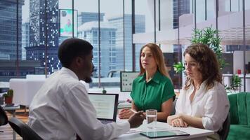 HR manager discussing with the last two remaining job candidates, having to make a choice and hire the most suitable person for the job opening. Recruiter works on selection process. Camera B. video