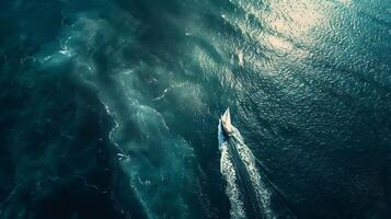 Aerial View of Isolated Sailboat in Endless Ocean with Intricate Wake Patterns, Captured in Hyper-detailed photo