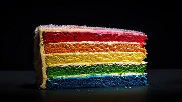 Vibrant Rainbow Cake Slice with Visible Texture, Close-up Shot of Perfect Layers for Baking Enthusiasts photo
