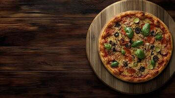 Gourmet Pizza with Assorted Toppings on Wooden Board for Branding Mockup and Copy Space photo