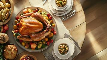 Festive Thanksgiving Dinner Table Setting with Turkey and Sides, Blank Space for Custom Text 3D Rendered Image photo
