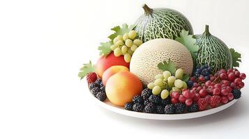Vibrant Fruit Platter with Melons, Berries, and Grapes on White Background for Copy Space - 3D Illustration photo